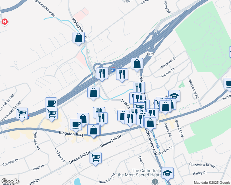 map of restaurants, bars, coffee shops, grocery stores, and more near 6014 Brookvale Lane in Knoxville
