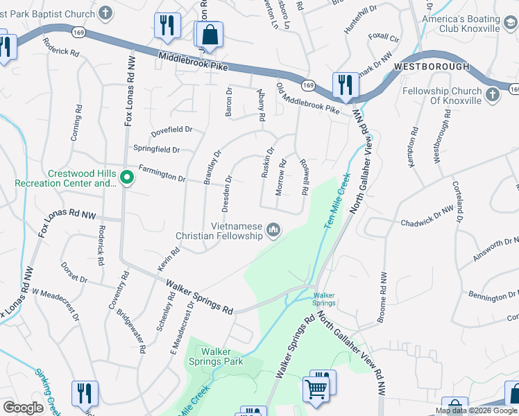 map of restaurants, bars, coffee shops, grocery stores, and more near 1004 Ruskin Drive in Knoxville
