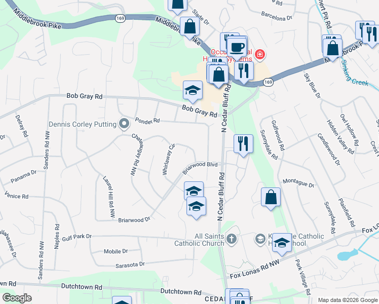 map of restaurants, bars, coffee shops, grocery stores, and more near 817 Whirlaway Circle in Knoxville