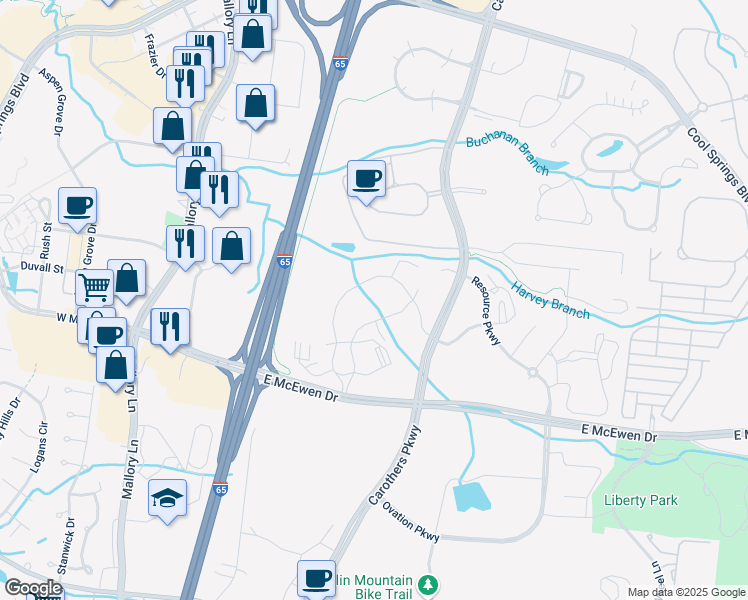 map of restaurants, bars, coffee shops, grocery stores, and more near 6100 Tower Circle in Franklin