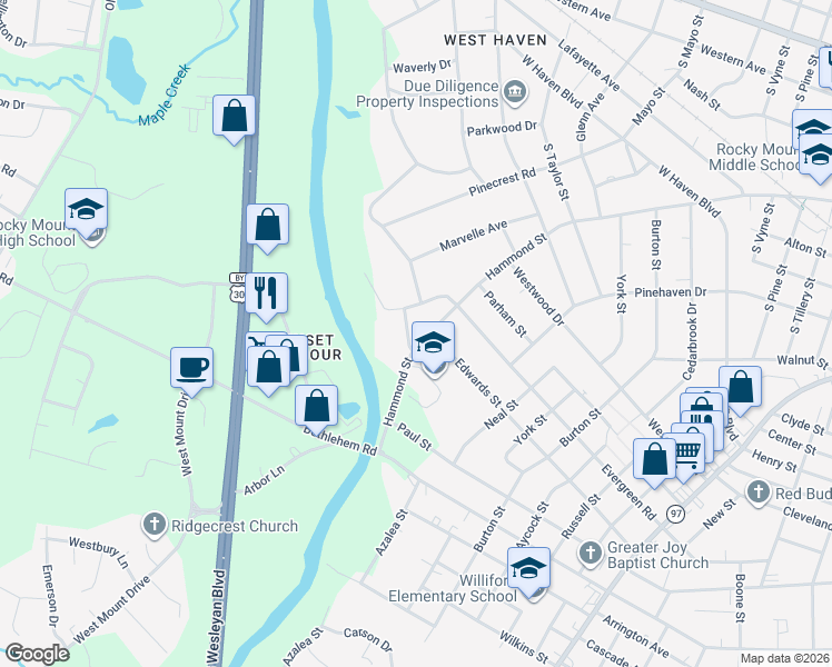 map of restaurants, bars, coffee shops, grocery stores, and more near 1703 Westover Ct in Rocky Mt