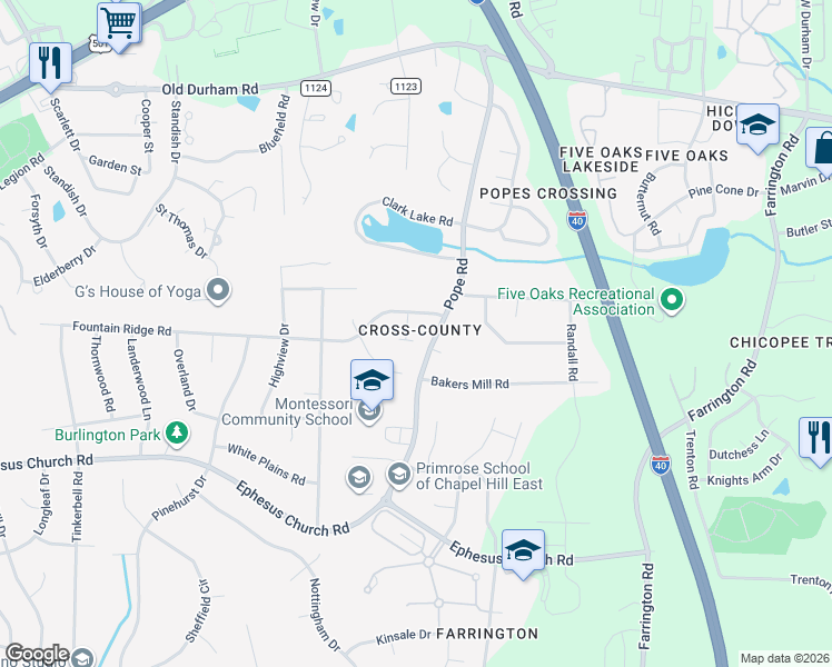 map of restaurants, bars, coffee shops, grocery stores, and more near 2108 Fountain Ridge Road in Chapel Hill