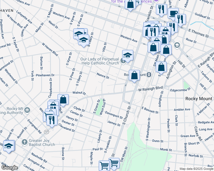 map of restaurants, bars, coffee shops, grocery stores, and more near 512 Rocky Street in Rocky Mount