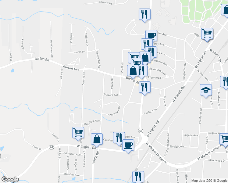 map of restaurants, bars, coffee shops, grocery stores, and more near 406 Peace Street in High Point