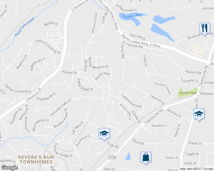 map of restaurants, bars, coffee shops, grocery stores, and more near 703 Spring Meadow Drive in Durham