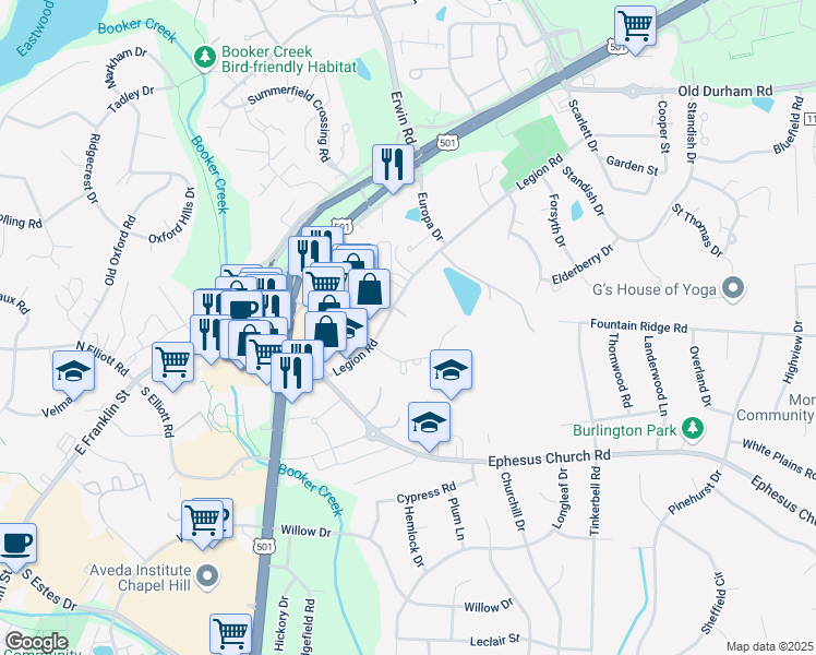 map of restaurants, bars, coffee shops, grocery stores, and more near 104 Turnberry Lane in Chapel Hill