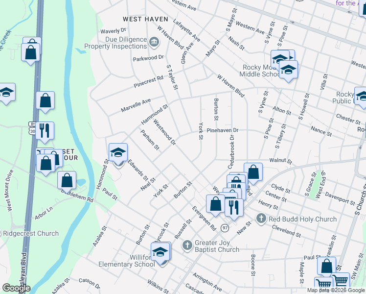 map of restaurants, bars, coffee shops, grocery stores, and more near 1413 Pinehaven Drive in Rocky Mount