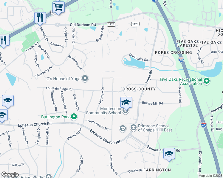 map of restaurants, bars, coffee shops, grocery stores, and more near 306 Colony Woods Drive in Chapel Hill