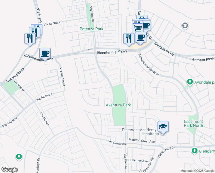 map of restaurants, bars, coffee shops, grocery stores, and more near 2527 Ballatore Street in Henderson