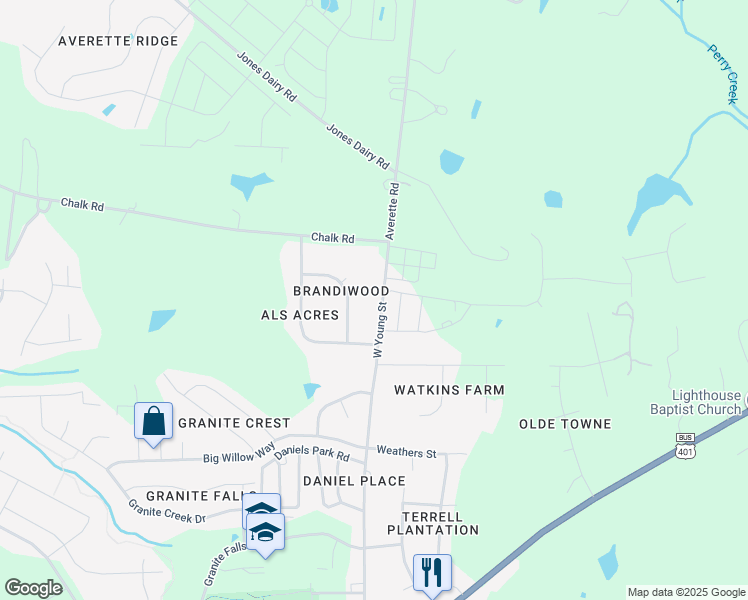 map of restaurants, bars, coffee shops, grocery stores, and more near 419 West Young Street in Rolesville