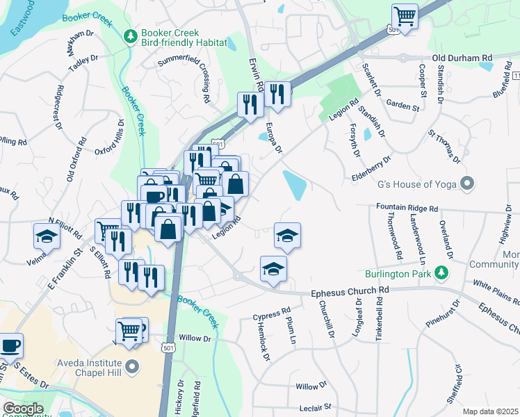 map of restaurants, bars, coffee shops, grocery stores, and more near 104 Turnberry Lane in Chapel Hill