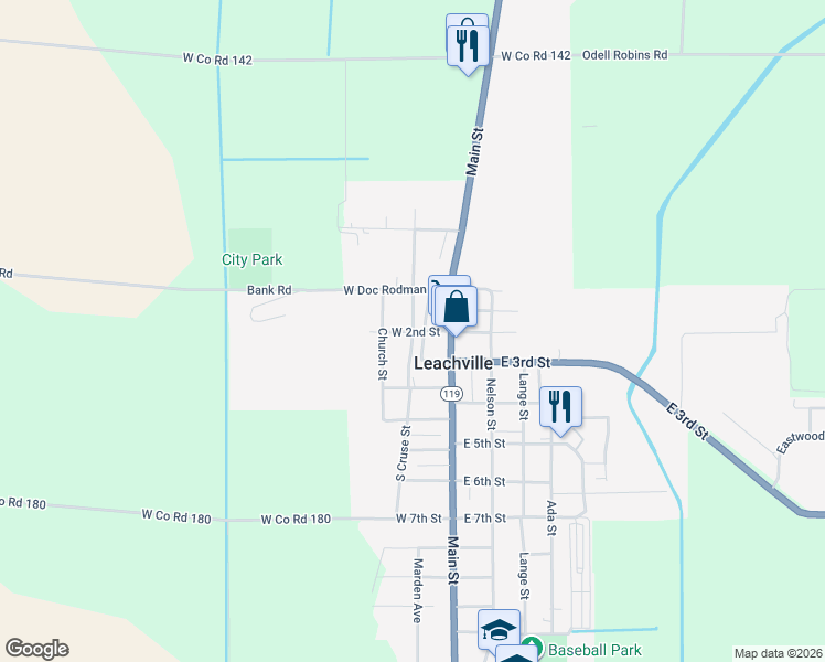 map of restaurants, bars, coffee shops, grocery stores, and more near 105 South McNamee Street in Leachville