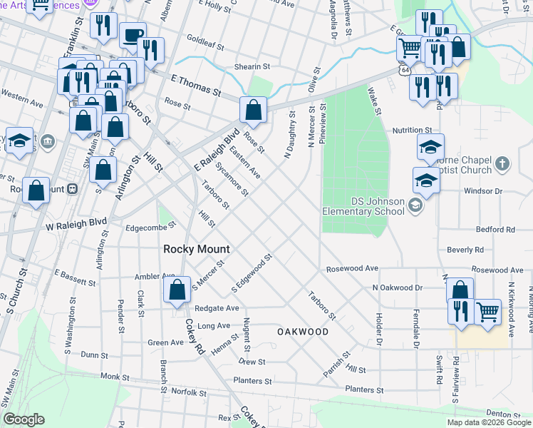 map of restaurants, bars, coffee shops, grocery stores, and more near 200 North Mercer Street in Rocky Mount