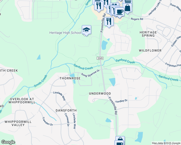 map of restaurants, bars, coffee shops, grocery stores, and more near 4005 Song Sparrow Drive in Wake Forest