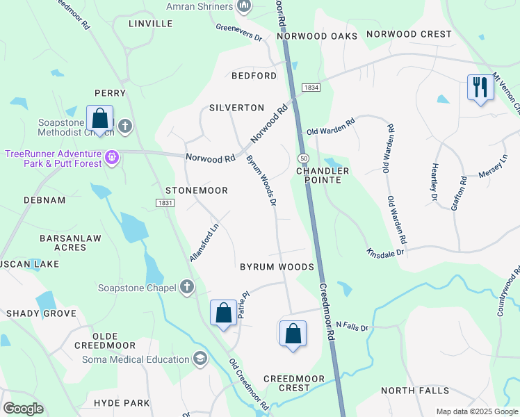 map of restaurants, bars, coffee shops, grocery stores, and more near 10321 Byrum Woods Drive in Raleigh