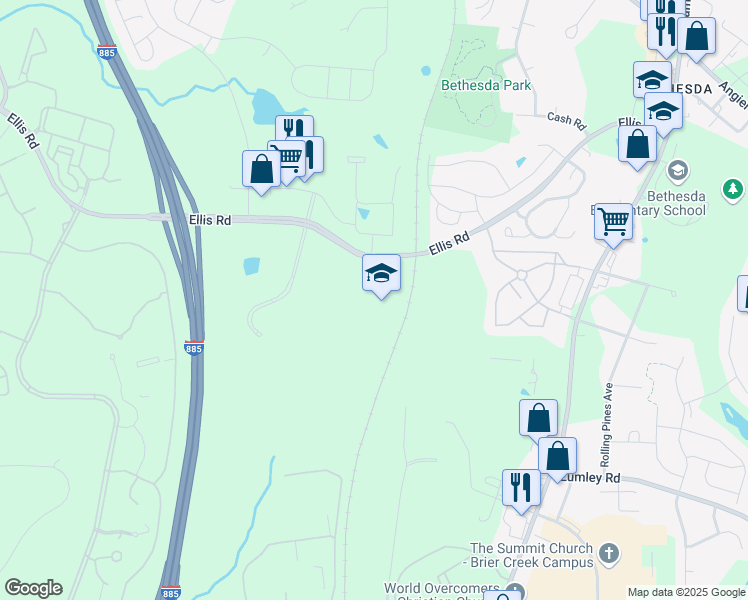 map of restaurants, bars, coffee shops, grocery stores, and more near 2418 Ellis Road in Durham