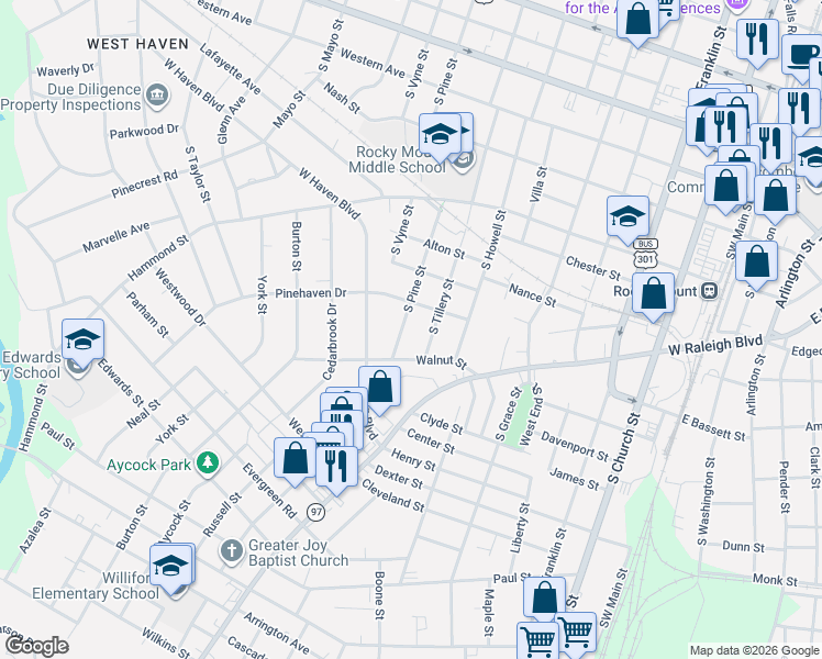 map of restaurants, bars, coffee shops, grocery stores, and more near 817 South Pine Street in Rocky Mount