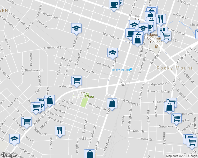 map of restaurants, bars, coffee shops, grocery stores, and more near Rocky Street in Rocky Mount