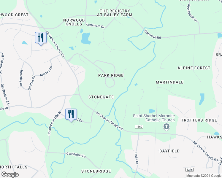 map of restaurants, bars, coffee shops, grocery stores, and more near 1225 Hillingdon Way in Raleigh