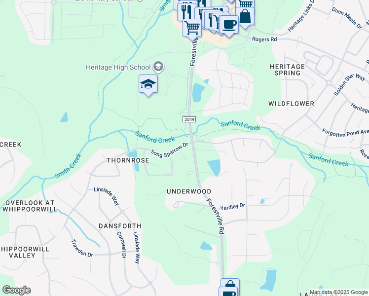 map of restaurants, bars, coffee shops, grocery stores, and more near 4016 Song Sparrow Drive in Wake Forest