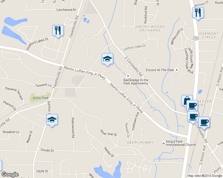 map of restaurants, bars, coffee shops, grocery stores, and more near 100 Lynn Forest Drive in Durham