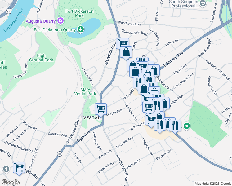 map of restaurants, bars, coffee shops, grocery stores, and more near 3917 Kennedy Lane in Knoxville