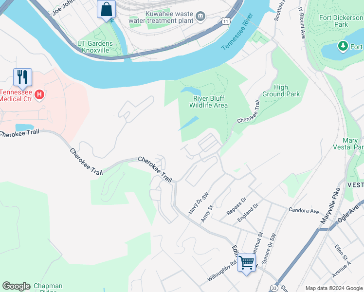 map of restaurants, bars, coffee shops, grocery stores, and more near 1130 Tree Top Way in Knoxville
