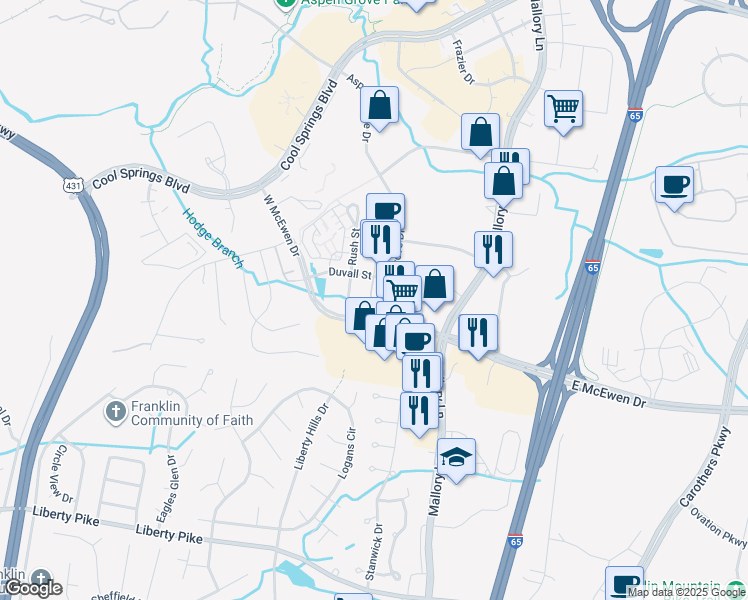 map of restaurants, bars, coffee shops, grocery stores, and more near 5011 Aspen Grove Drive in Franklin