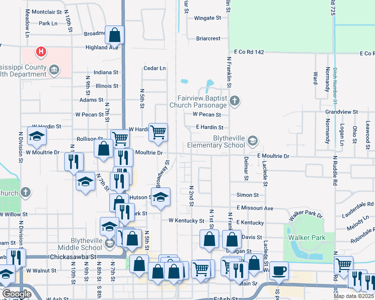 map of restaurants, bars, coffee shops, grocery stores, and more near 920 North 2nd Street in Blytheville