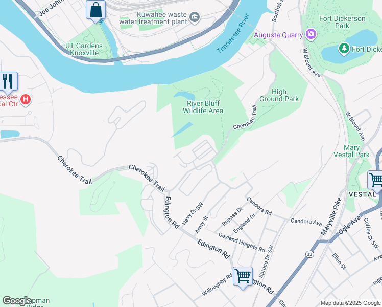map of restaurants, bars, coffee shops, grocery stores, and more near 1111 Tree Top Way in Knoxville