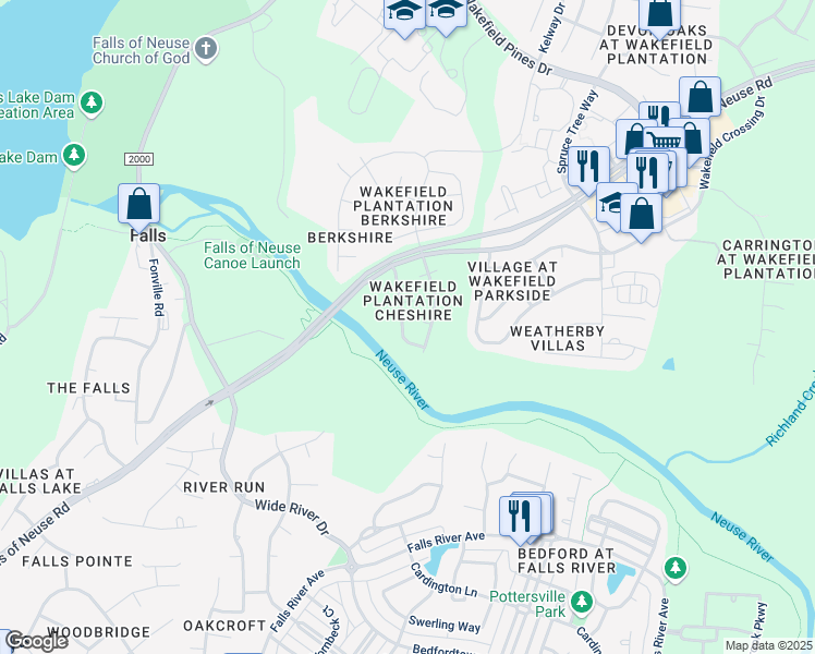 map of restaurants, bars, coffee shops, grocery stores, and more near 12524 Waterlow Park Lane in Raleigh
