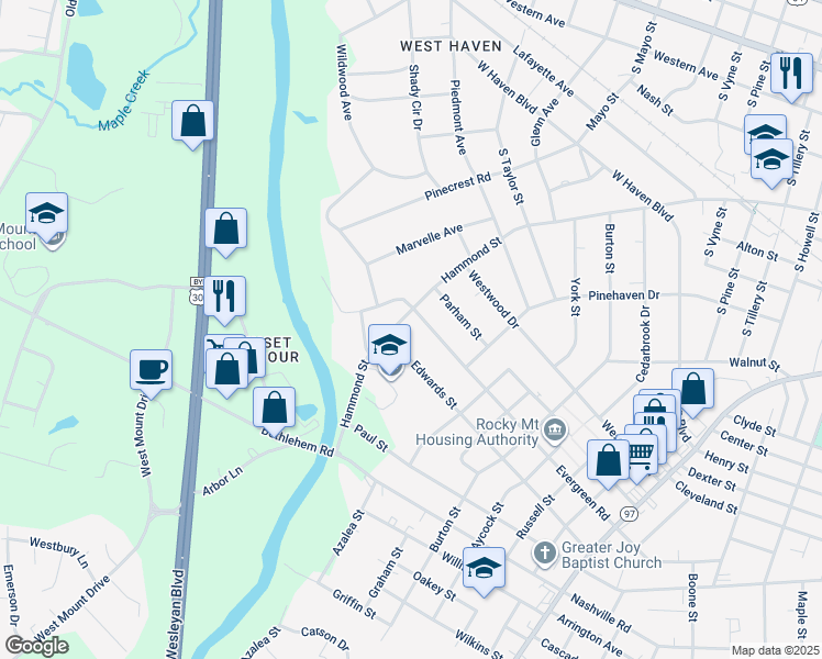 map of restaurants, bars, coffee shops, grocery stores, and more near 1725 Hammond Street in Rocky Mount
