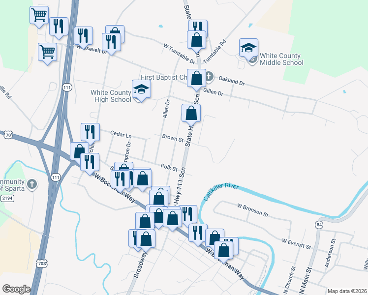 map of restaurants, bars, coffee shops, grocery stores, and more near 219 North Spring Street in Sparta