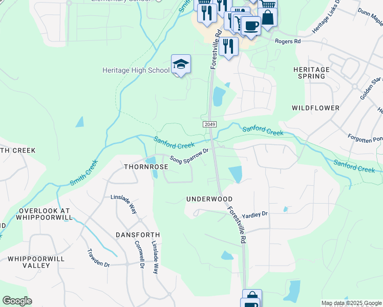map of restaurants, bars, coffee shops, grocery stores, and more near 4009 Song Sparrow Drive in Wake Forest