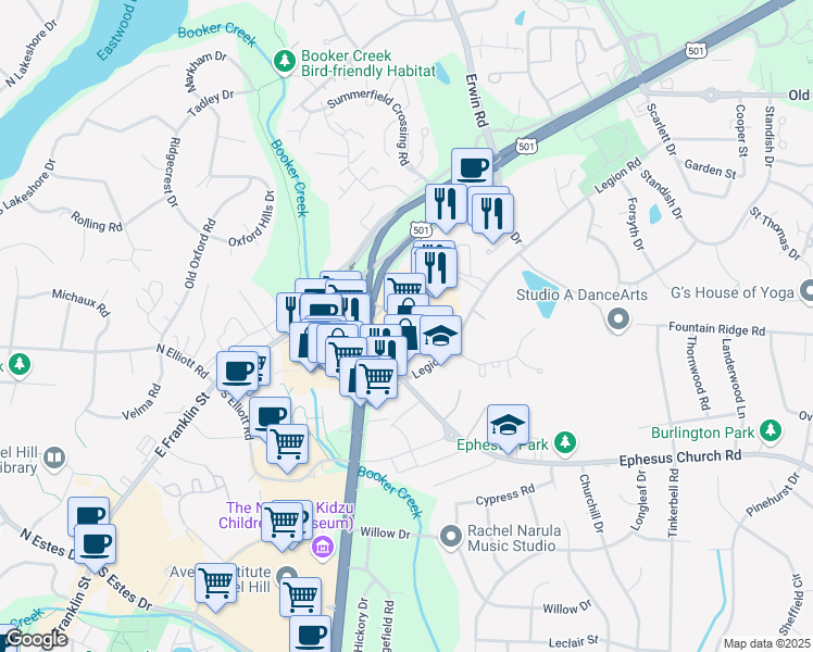 map of restaurants, bars, coffee shops, grocery stores, and more near 1720 Fordham Boulevard in Chapel Hill