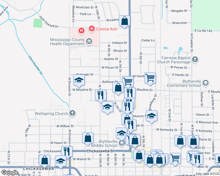 map of restaurants, bars, coffee shops, grocery stores, and more near 806 West Moultrie Drive in Blytheville