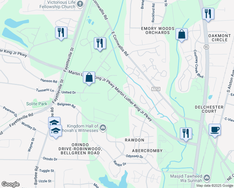 map of restaurants, bars, coffee shops, grocery stores, and more near 100 Lynn Forest Drive in Durham