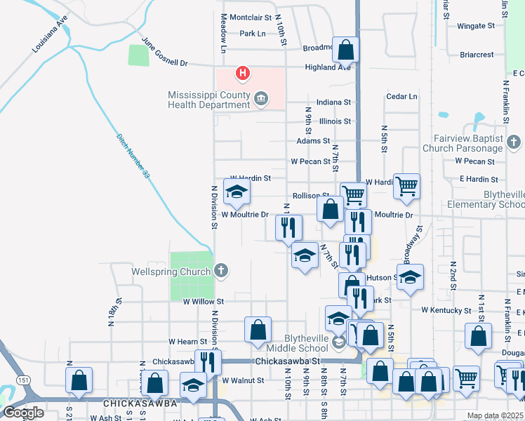 map of restaurants, bars, coffee shops, grocery stores, and more near 1024 West Moultrie Drive in Blytheville
