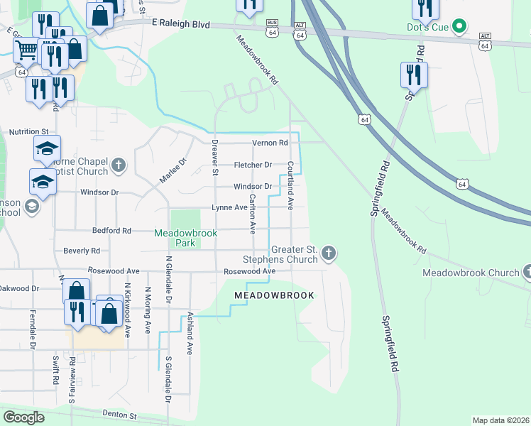 map of restaurants, bars, coffee shops, grocery stores, and more near 1909 Lynne Avenue in Rocky Mount
