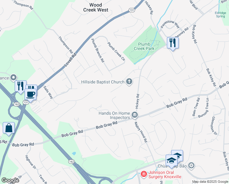 map of restaurants, bars, coffee shops, grocery stores, and more near 10336 Boston Lane in Knoxville