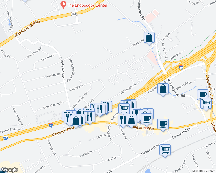 map of restaurants, bars, coffee shops, grocery stores, and more near 6814 Dorchester Drive Northwest in Knoxville
