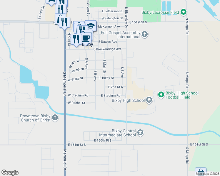 map of restaurants, bars, coffee shops, grocery stores, and more near 206 East 2nd Street South in Bixby