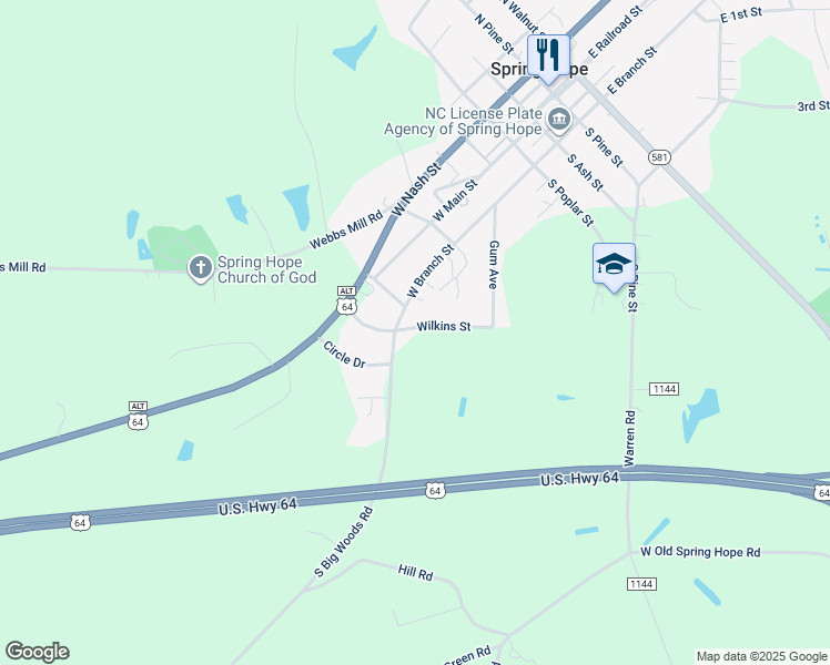 map of restaurants, bars, coffee shops, grocery stores, and more near in Spring Hope