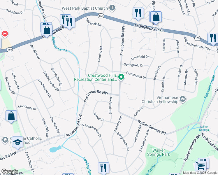 map of restaurants, bars, coffee shops, grocery stores, and more near 8800 Leyton Drive in Knoxville