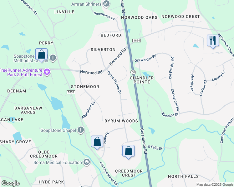 map of restaurants, bars, coffee shops, grocery stores, and more near 10321 Byrum Woods Drive in Raleigh