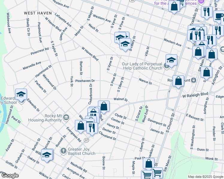 map of restaurants, bars, coffee shops, grocery stores, and more near 817 South Pine Street in Rocky Mount