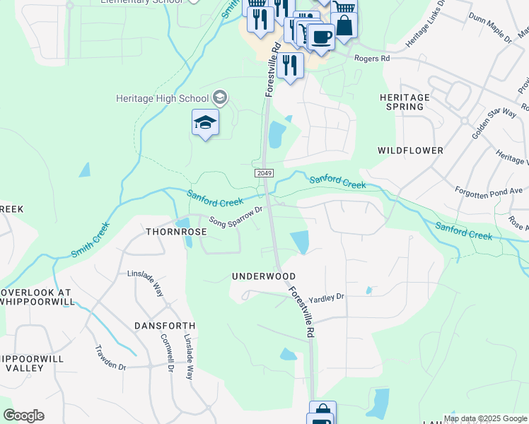map of restaurants, bars, coffee shops, grocery stores, and more near 4024 Song Sparrow Drive in Wake Forest
