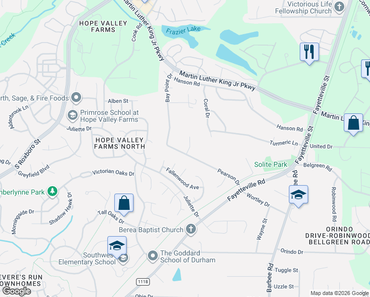 map of restaurants, bars, coffee shops, grocery stores, and more near 319 Pearson Drive in Durham