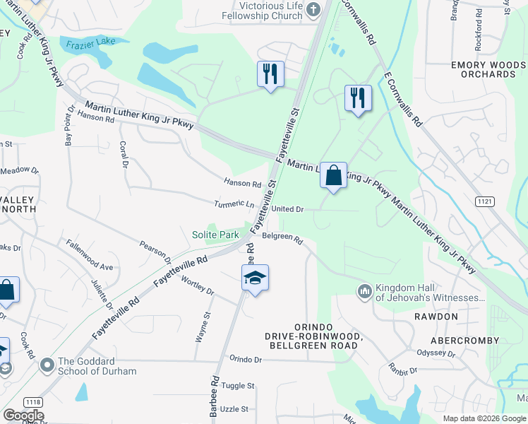 map of restaurants, bars, coffee shops, grocery stores, and more near 504 United Drive in Durham