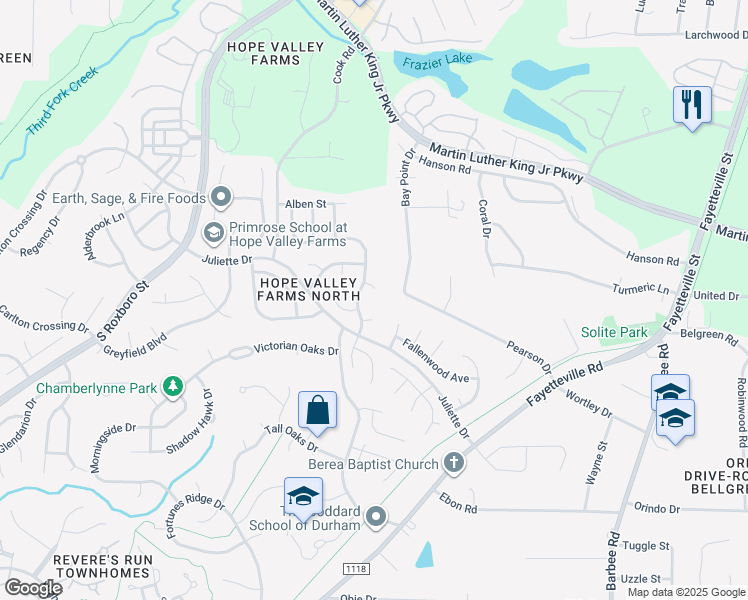 map of restaurants, bars, coffee shops, grocery stores, and more near 5 Windyrush Court in Durham
